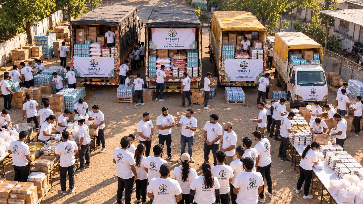 Aerial view of a large-scale Teravia food distribution drive