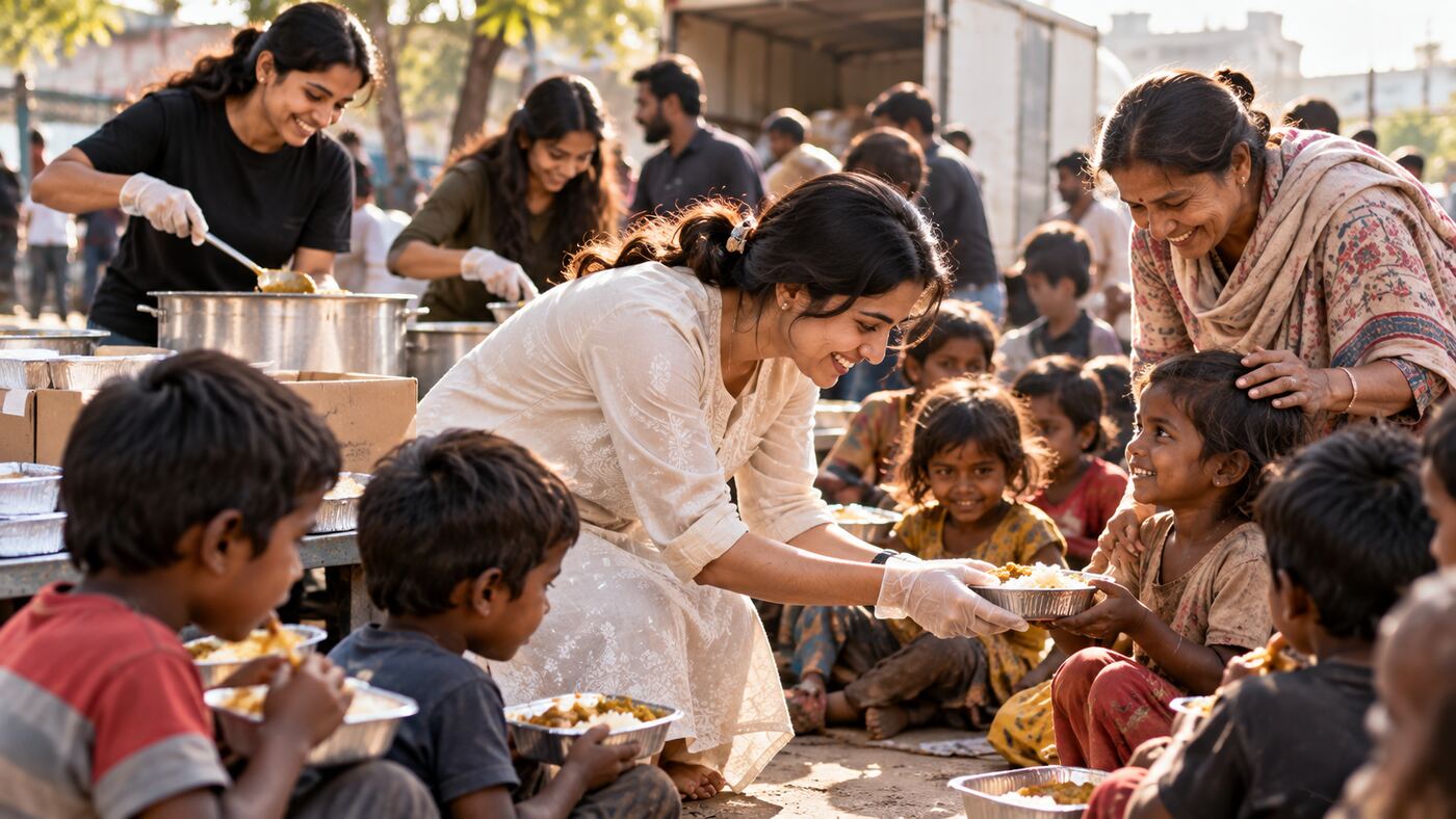 Volunteer serving a warm meal to children