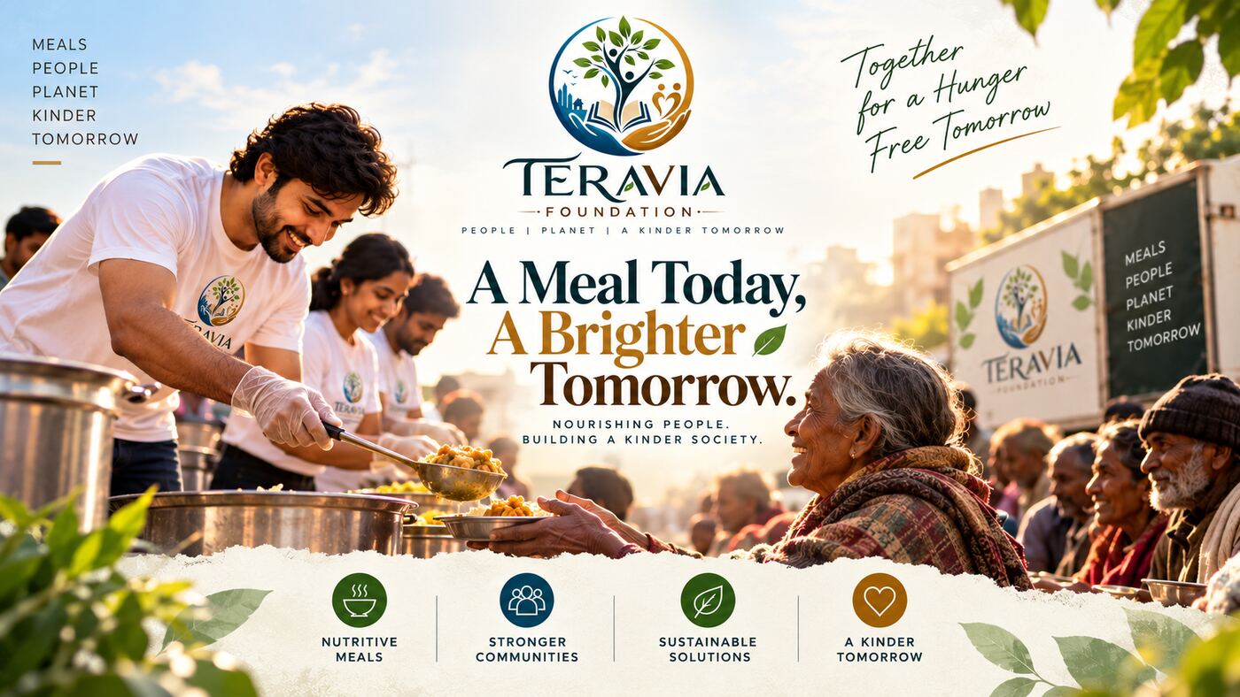 Teravia Foundation volunteer serving a meal to an elderly woman — A Meal Today, A Brighter Tomorrow