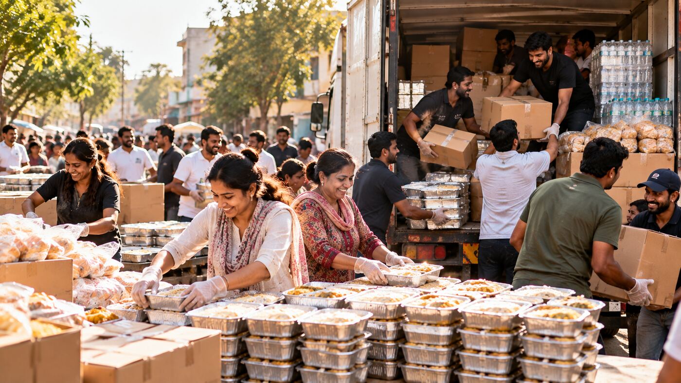 Volunteers loading food, water and supplies onto distribution trucks