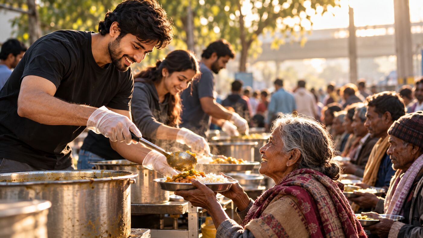 Volunteer serving food to a seated elderly woman