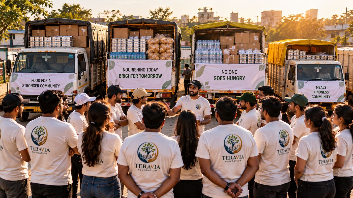 Teravia volunteers gathered by trucks at sunset after a distribution drive