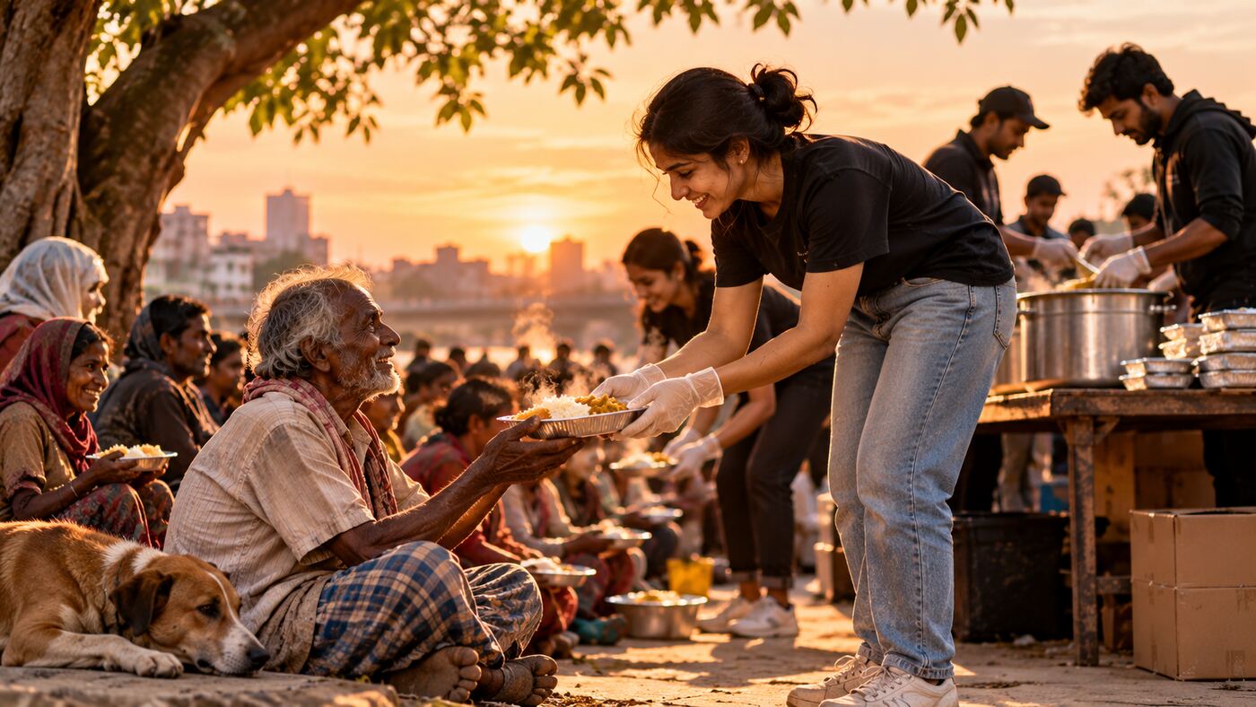 Volunteer serving a meal at sunset to an elderly man