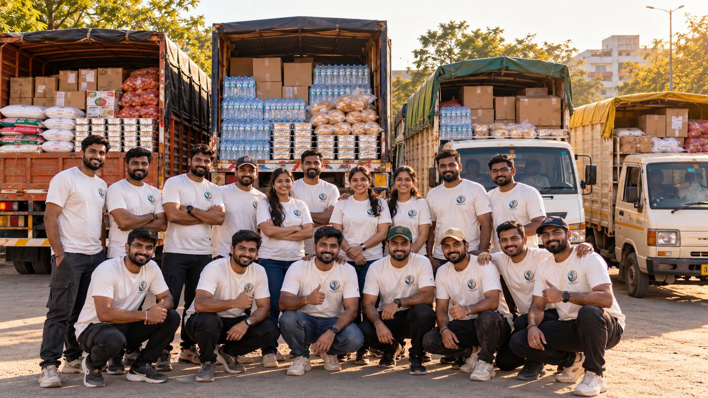 Teravia Foundation volunteer team group photo in front of supply trucks